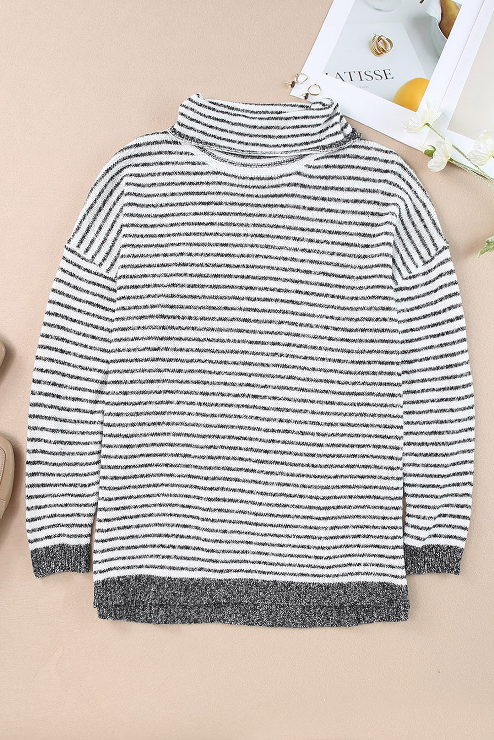 Gray Striped Turtleneck Loose Sweater