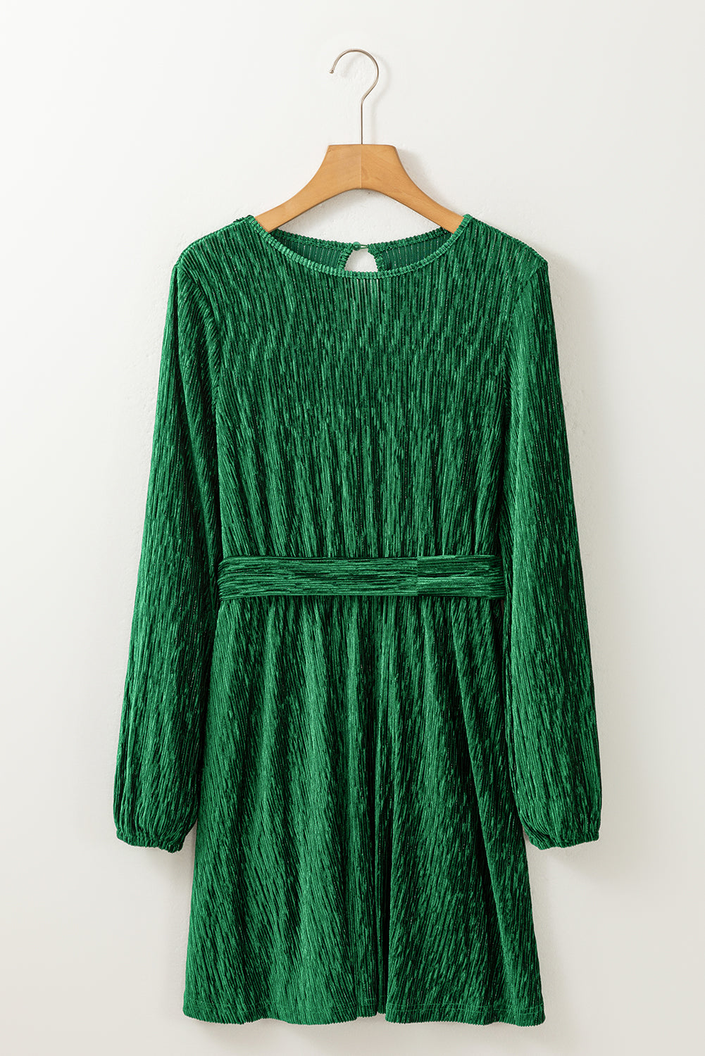 Green Tie Waist Crinkle Velvet Dress