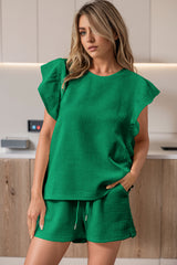 Ensemble t-shirt à manches volantées texturé vert vif et short à cordon de serrage-A WOMAN WE LOVE