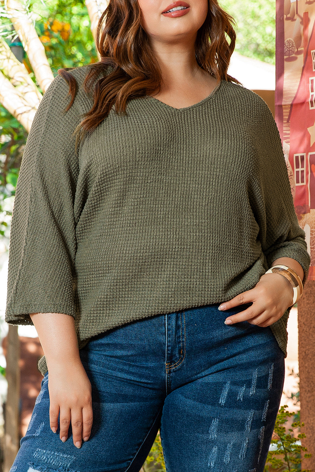 Giungla verde plus size a V Neck a te strutturato in maglia Dolman