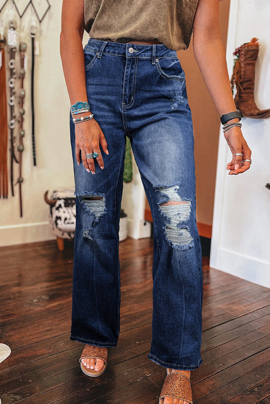 High Waisted Ripped Jeans in Dusk Blue with Mineral Wash