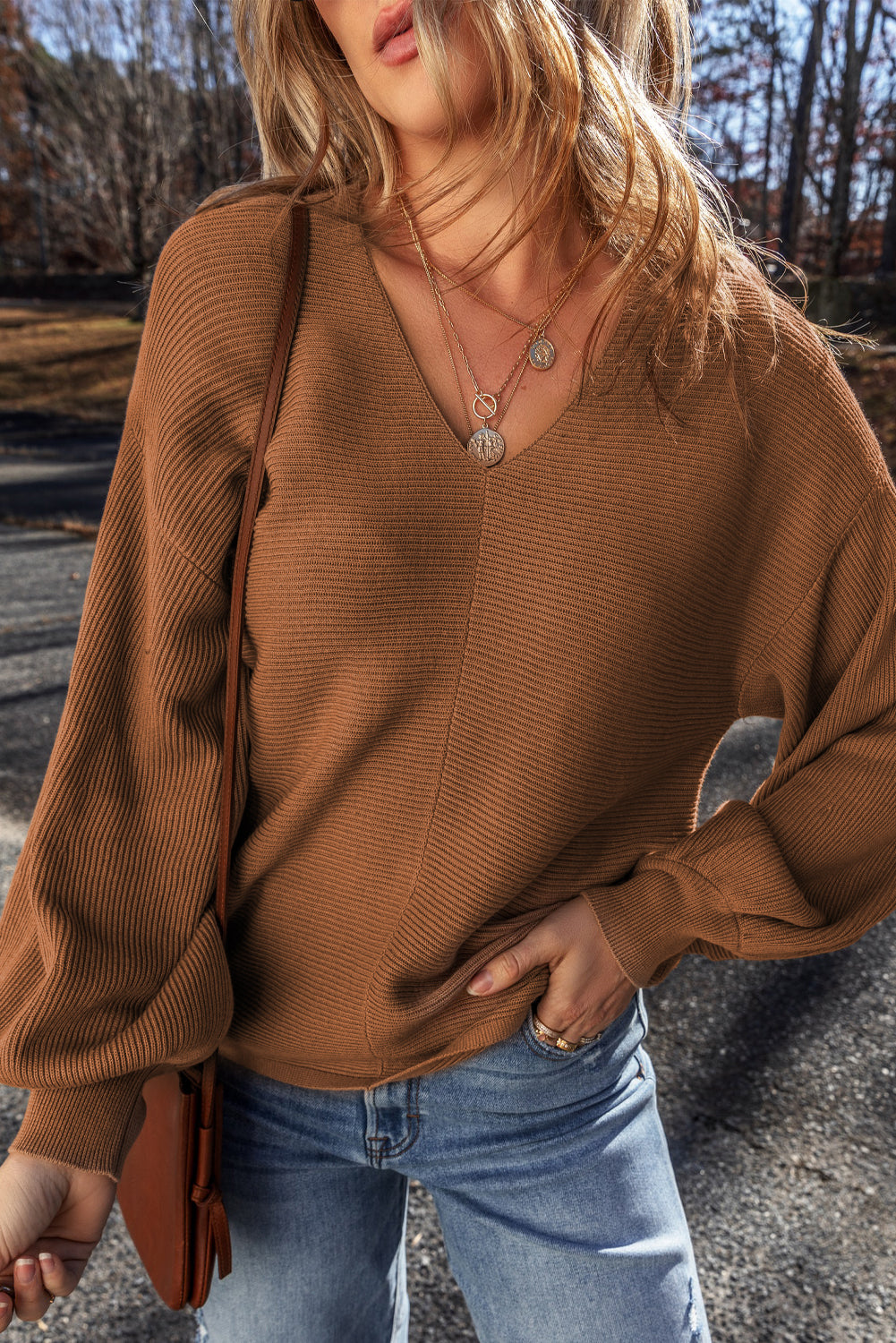 Camel Ribbed Knit Loose Sweater with Dropped Sleeves and V-Neck