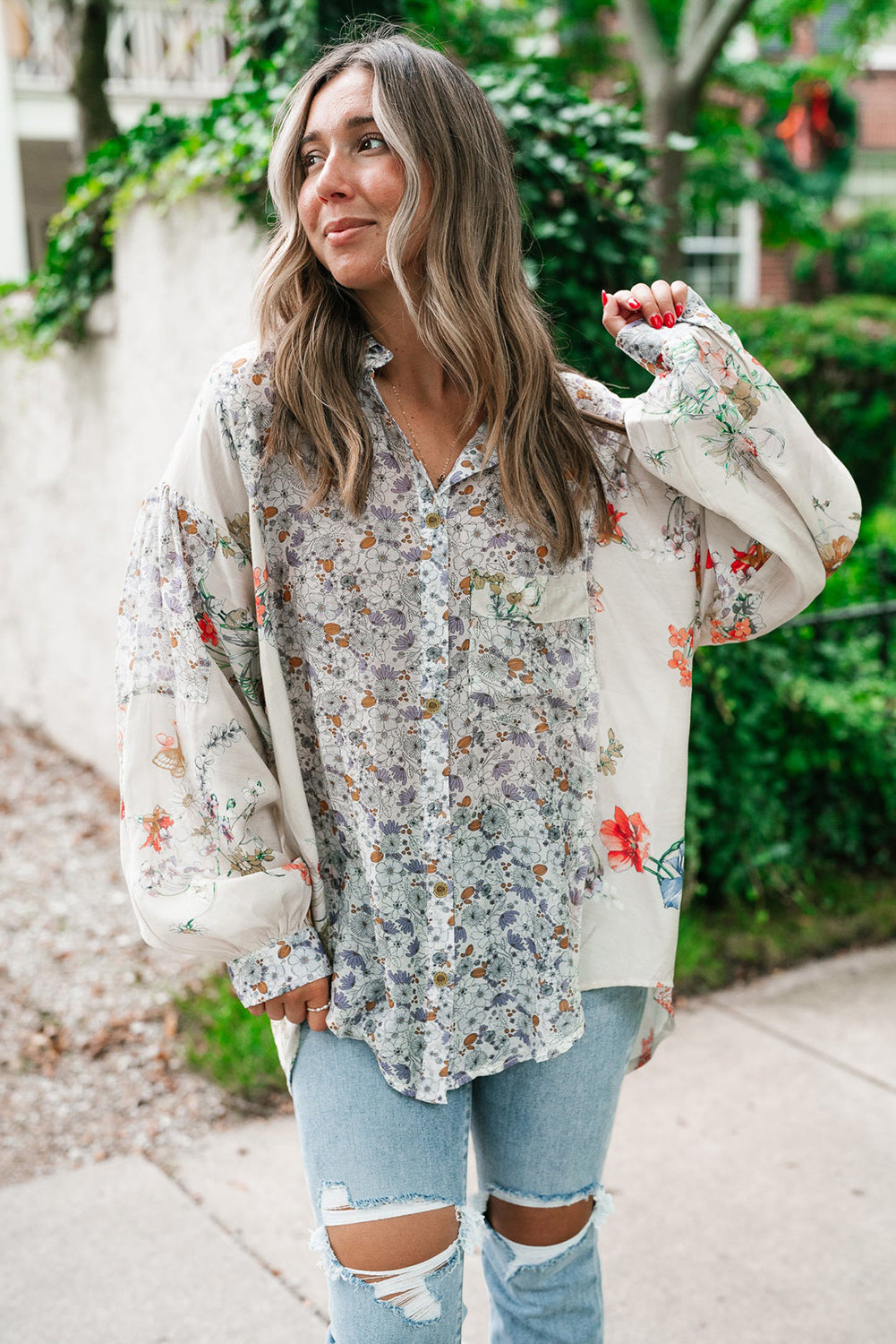 Chemise ample boutonnée à manches évêque florales Boho violettes *-A WOMAN WE LOVE