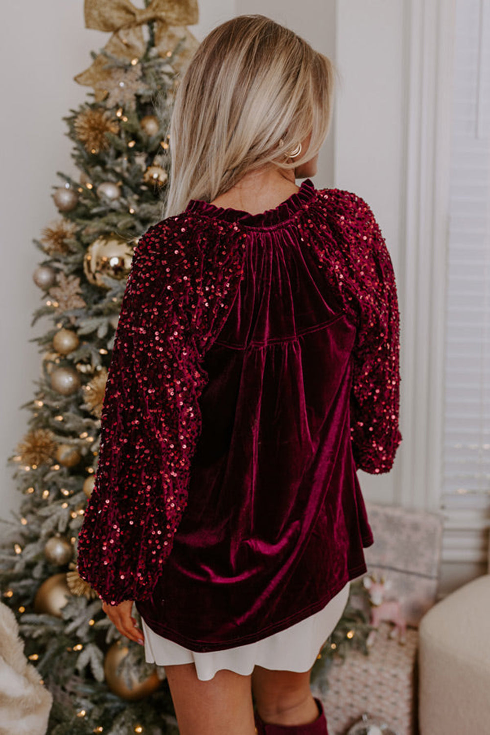 Red Dahlia Sequin Patchwork Sleeve Taste Up Velvet Top