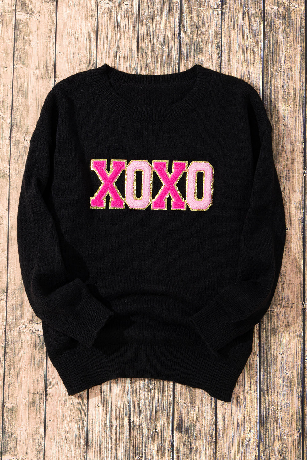 Pull décontracté à col rond imprimé pailleté XOXO noir