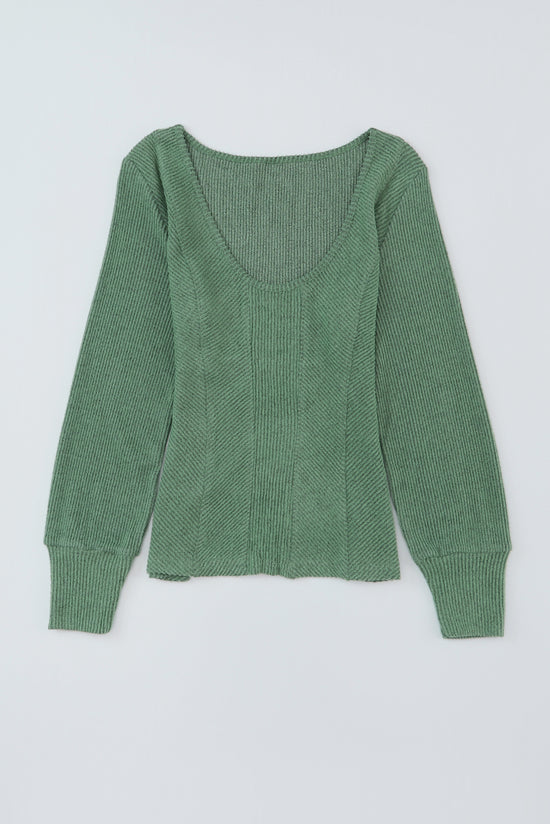 Green textured long sleeve u-neck top