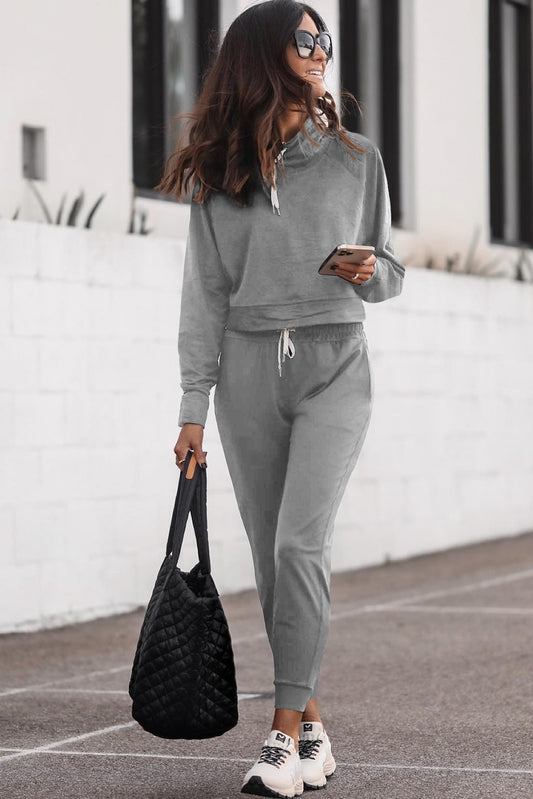 Grey Lounge Set with Drawstring Hoodie and High Waisted Pants