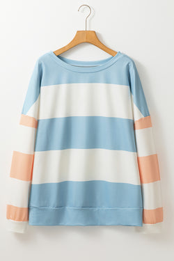 Light Blue Color Block Striped Drop Shoulder Long Sleeve Top