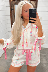Ensemble pyjama deux pièces blanc à imprimé verre à vin et nœud papillon de Noël-A WOMAN WE LOVE