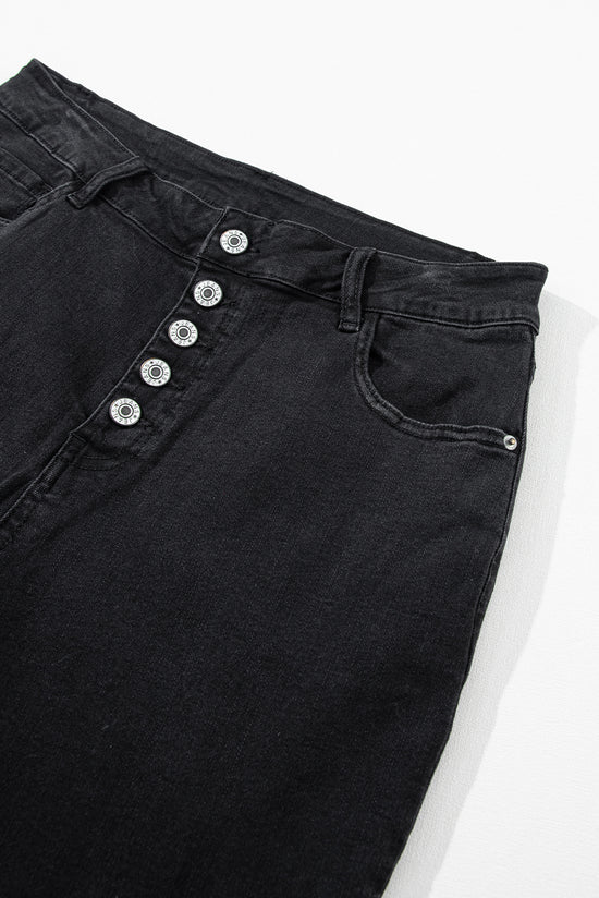 Black high waisted flared jeans with button front