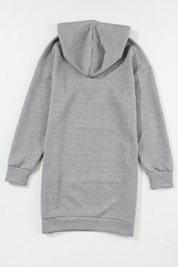 Grey Textured Drawstring Hooded Mini Dress with Kangaroo Pocket