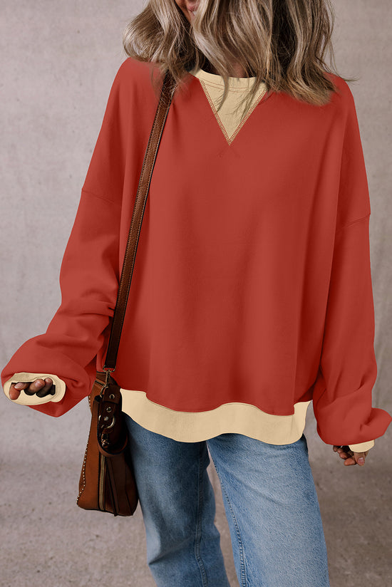 Red Clay Oversized Drop Shoulder Sweatshirt with Color Block Patch