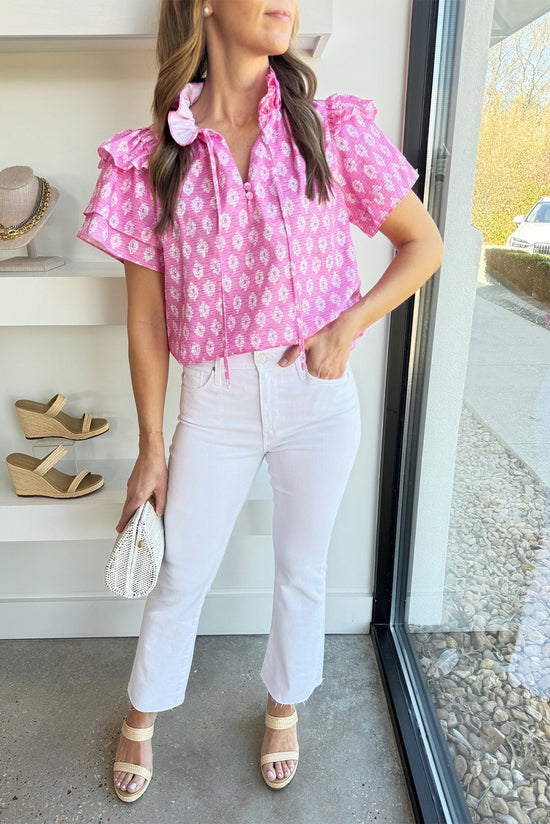 Short -sleeved blouse and split pink flowers and pink flowers