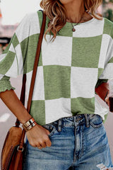 Blouse vert herbe mélangée à carreaux et poignets froncés-A WOMAN WE LOVE