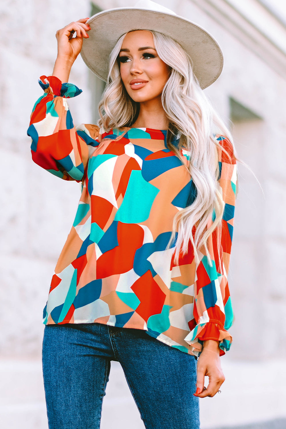 Multicolor abstrakte Muster Crewneck gekräuselte Puffhülle Bluse