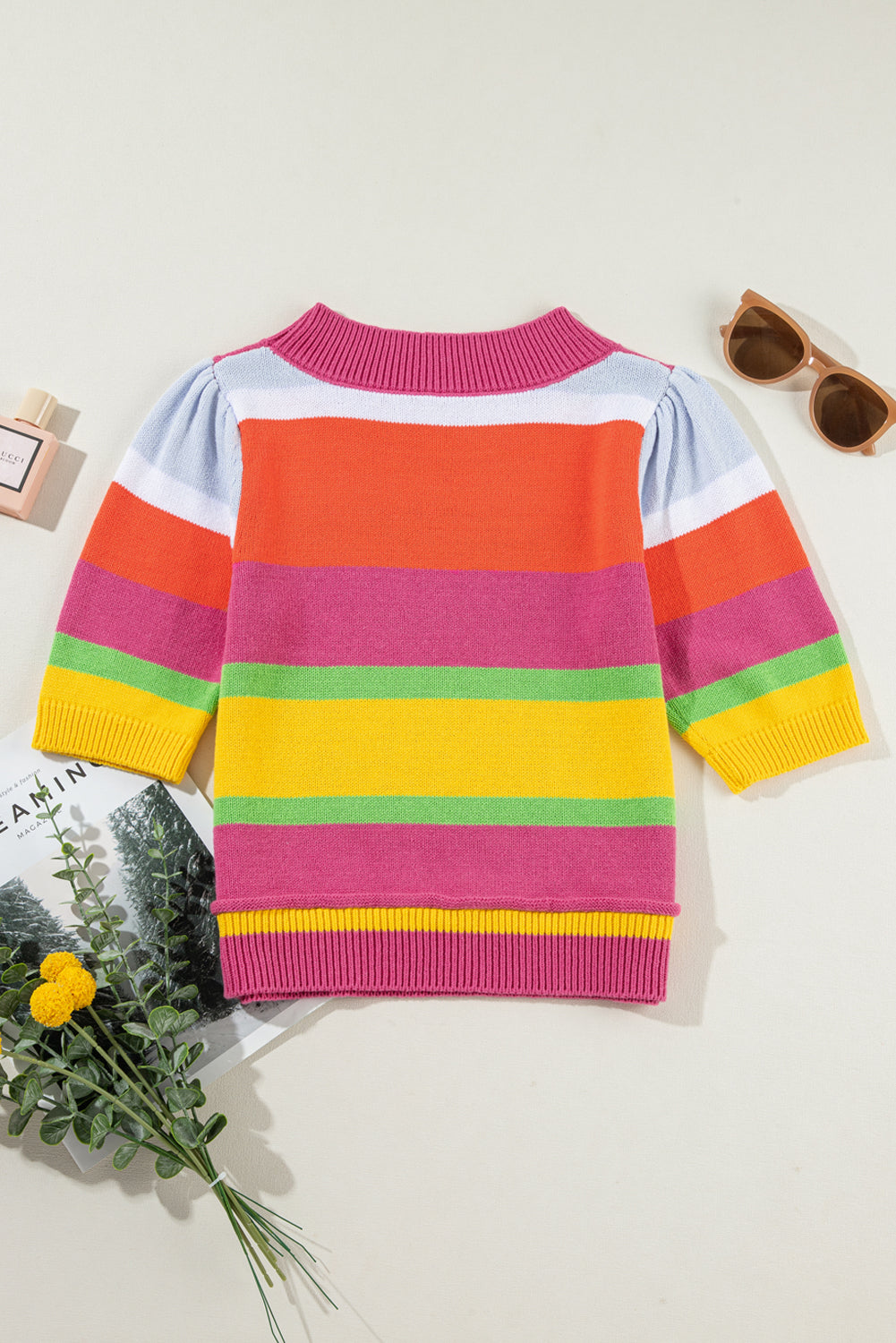 Multicolour Color Block Cropped Short Sleeve Sweater