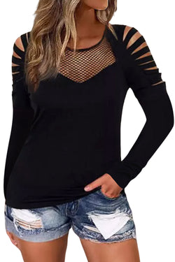 Black Ripped Long Sleeve Top with Mesh Patch