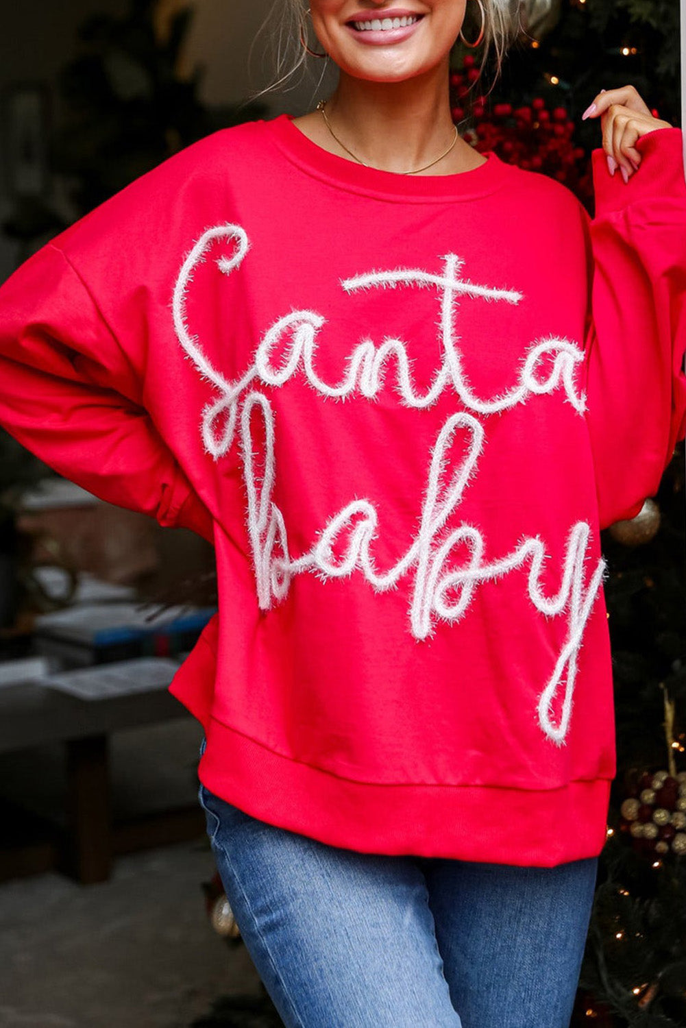 Sweat-shirt graphique de guirlandes de bébé du Père Noël rouge ardent