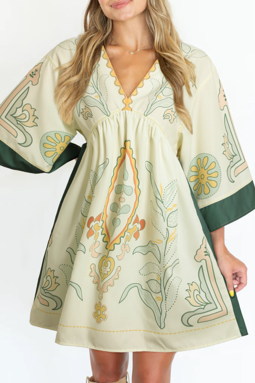 Robe kimono courte multicolore à imprimé bohème, col en V, taille empire