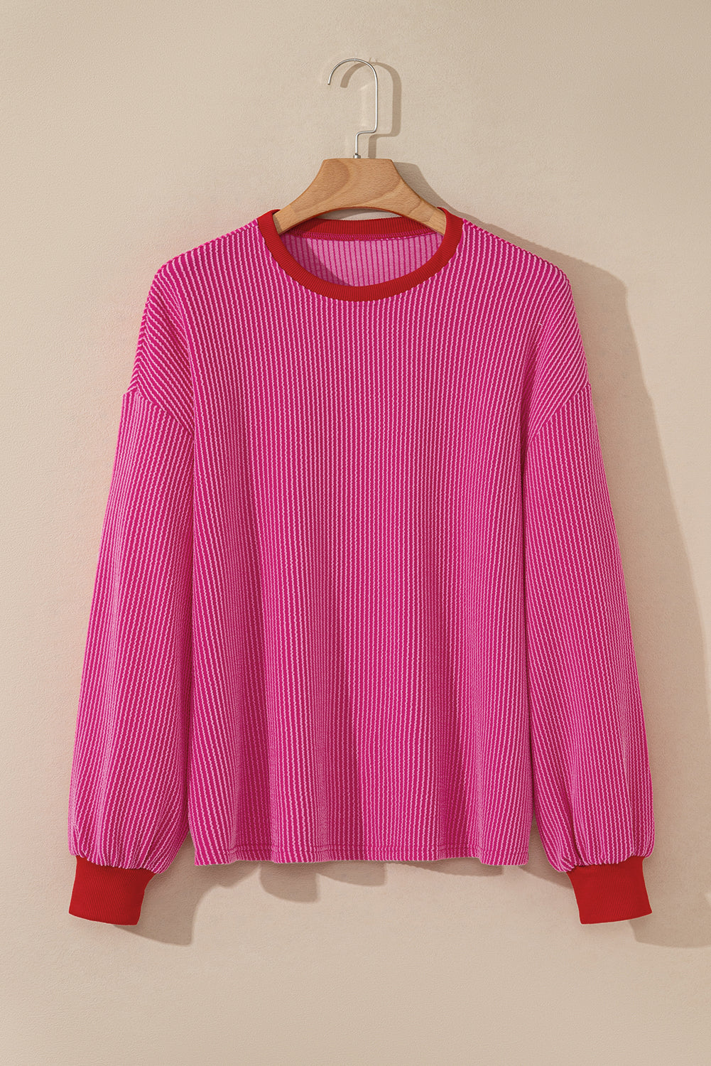 Bright Pink Corded Contrast Edge Drop Shoulder Long Sleeve Top