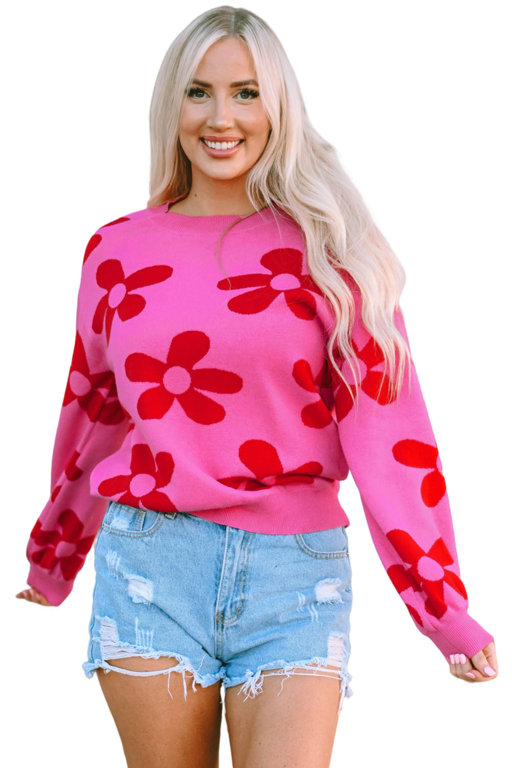 Rose Big Flower Strick -Rippen -Trimmpullover