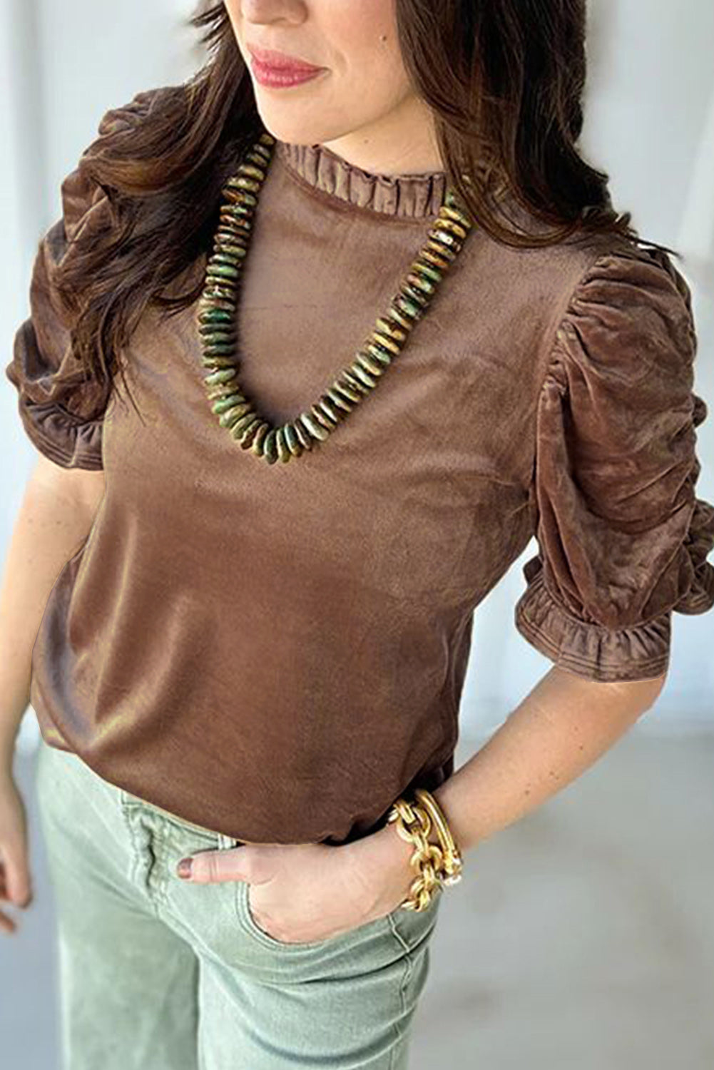 Camel Ruffen Arm Velvet Top