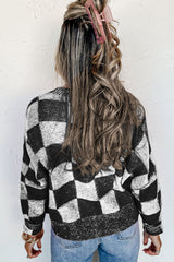 Cardigan noir à carreaux et épaules tombantes boutonné à col en V-A WOMAN WE LOVE