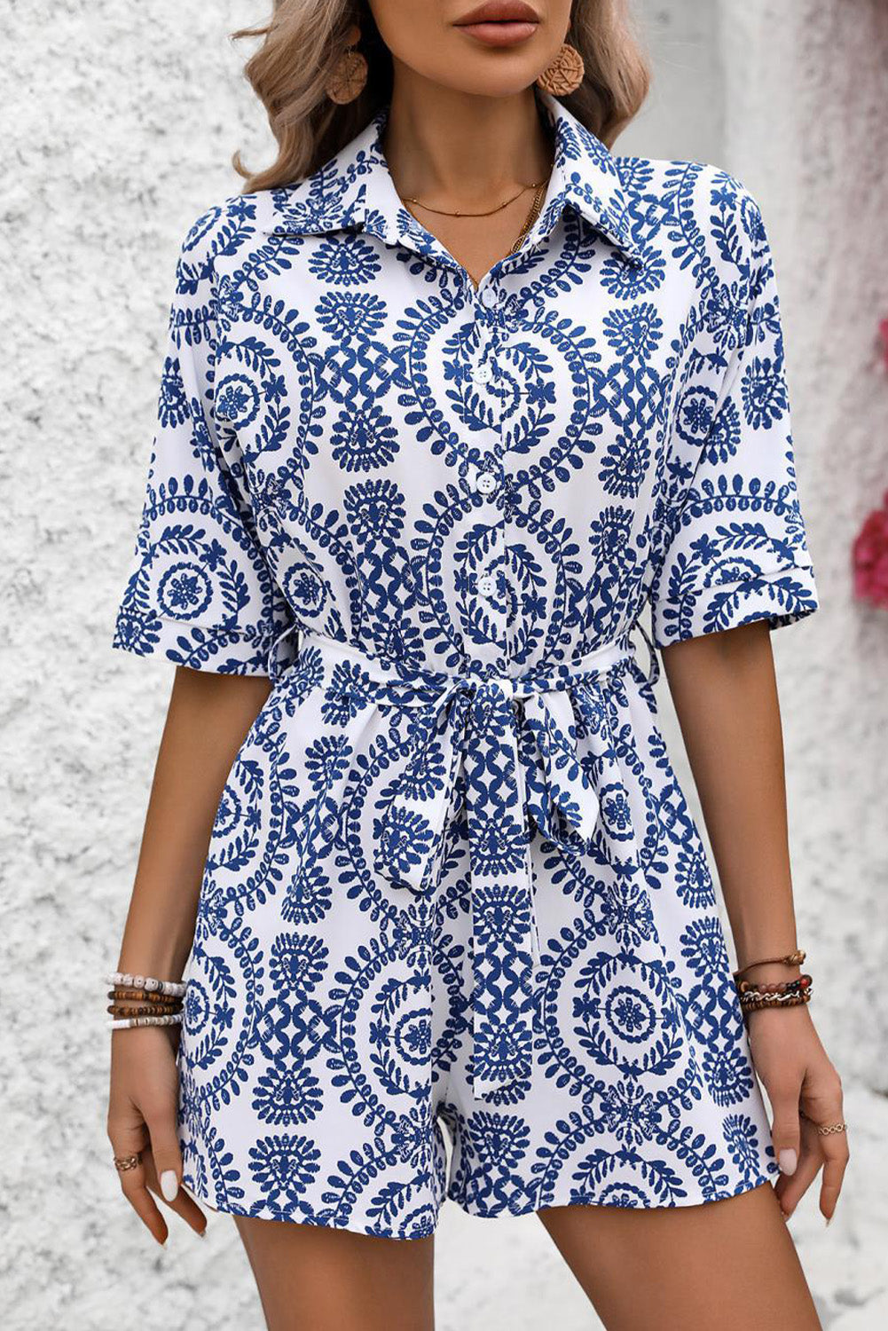 Shirt con cintura a manica corta stampata blu mandala