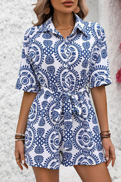 Blue mandala print short sleeve belted shirt romper