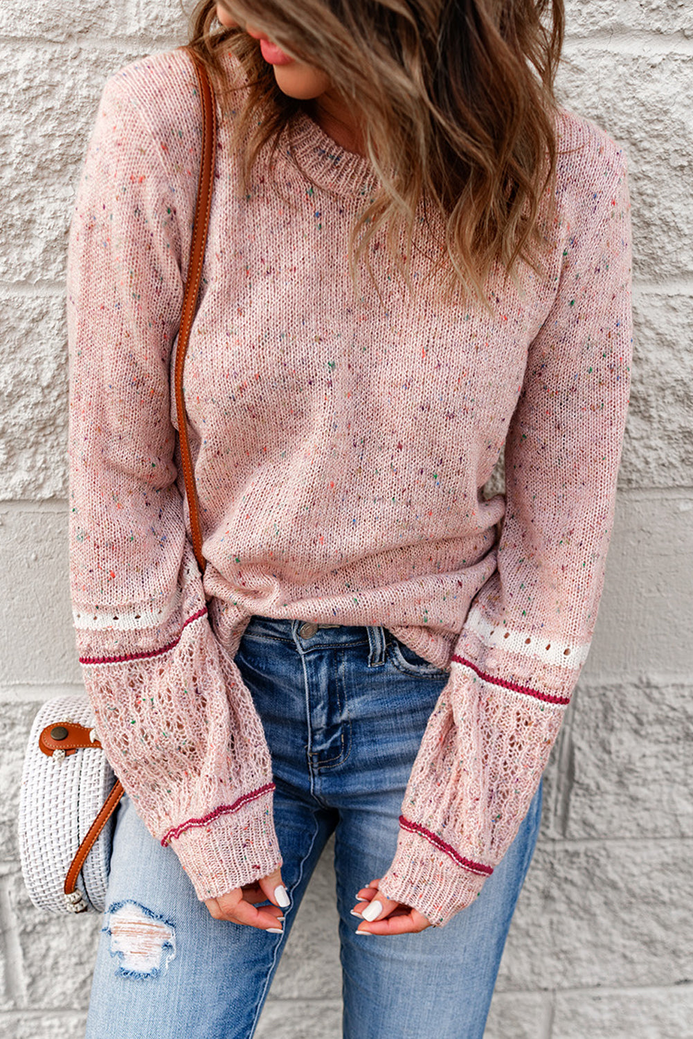 Pink Pilling Detail gemusterte Ärmelpullover