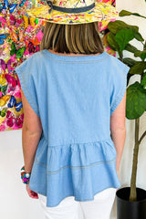 Top vasco de mezclilla con costuras de moda hermosos azules