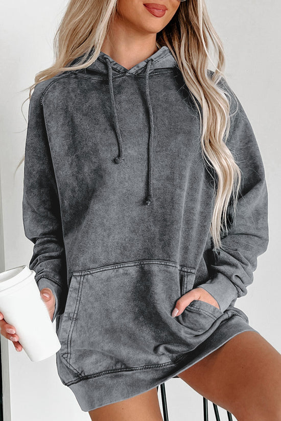 Mineral Washed Grey Drawstring Kangaroo Pocket Hoodie