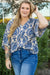 Plus Size Ethnic Print Loose Blouse with 3/4 Sleeves and V-Neck in Blue