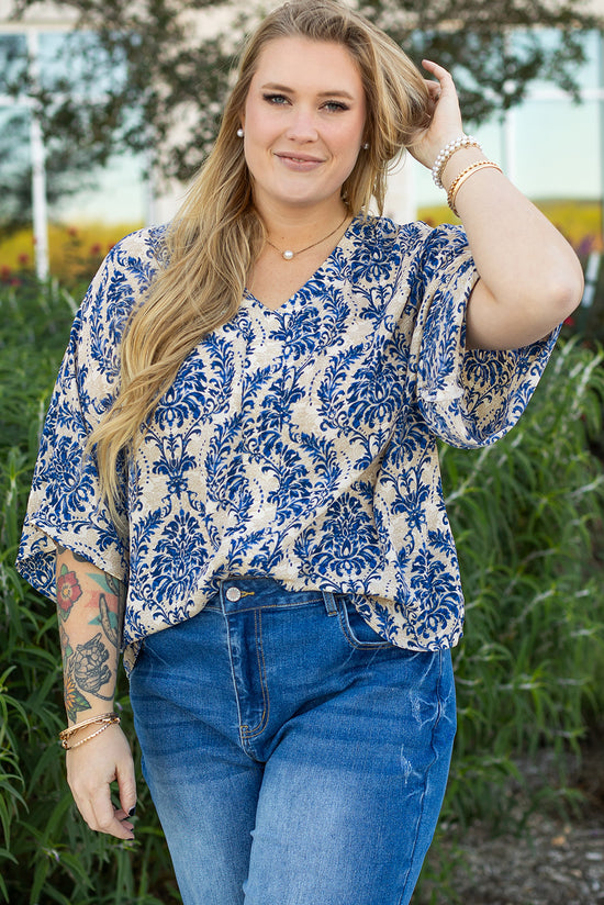 Plus Size Ethnic Print Loose Blouse with 3/4 Sleeves and V-Neck in Blue