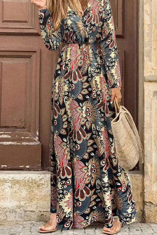 Black floral print v-neck high waist maxi dress