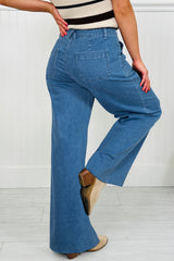 Jean extensible rétro délavé bleu crépuscule avec poche plaquée