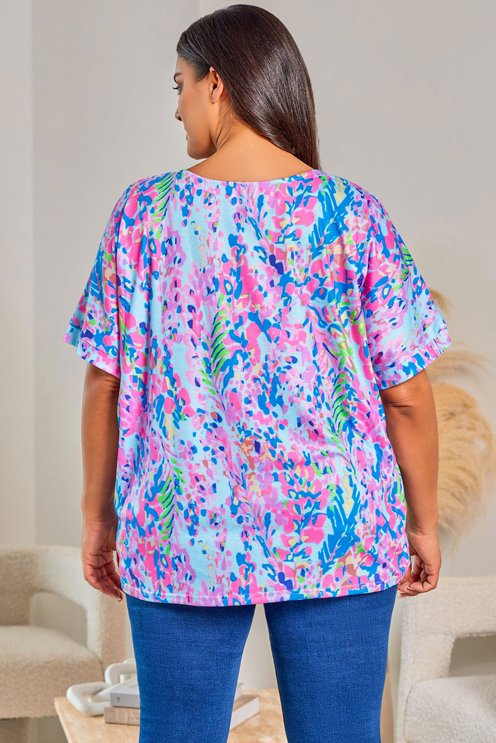 Sky Blue Plus Size Plant Stampa a v-shirt