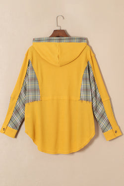 Yellow Henley Hoodie with Pockets and Waffle Knit Plaid Patchwork