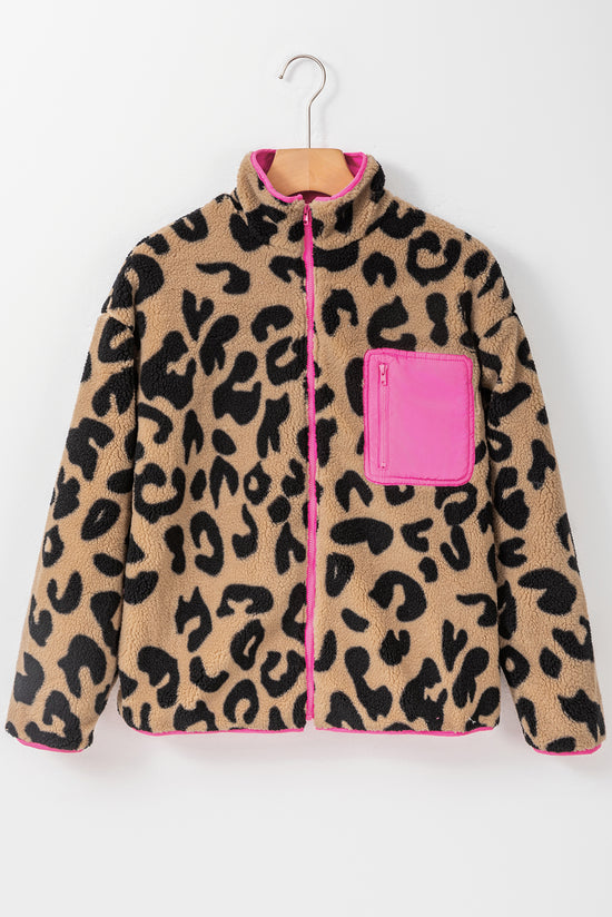 Leopard Color Block Zip-Up Pocket Plush Fleece Jacket