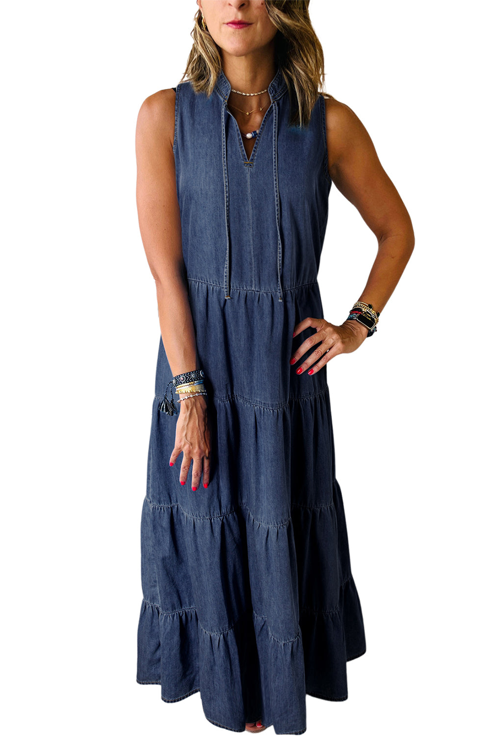 Echtes blaugrüne ärmelloses Chambray Maxi -Kleid