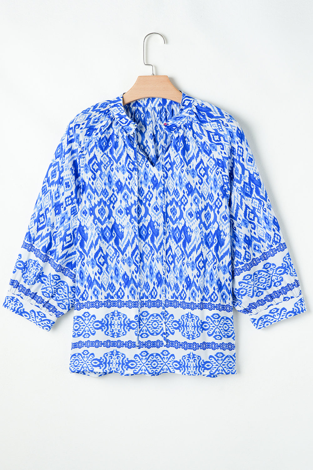 Blue Boho estampado 3/4 manga de manga atada blusa