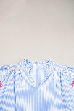 Ricrac striped blue striped blouse and split collar, ruffle sleeves