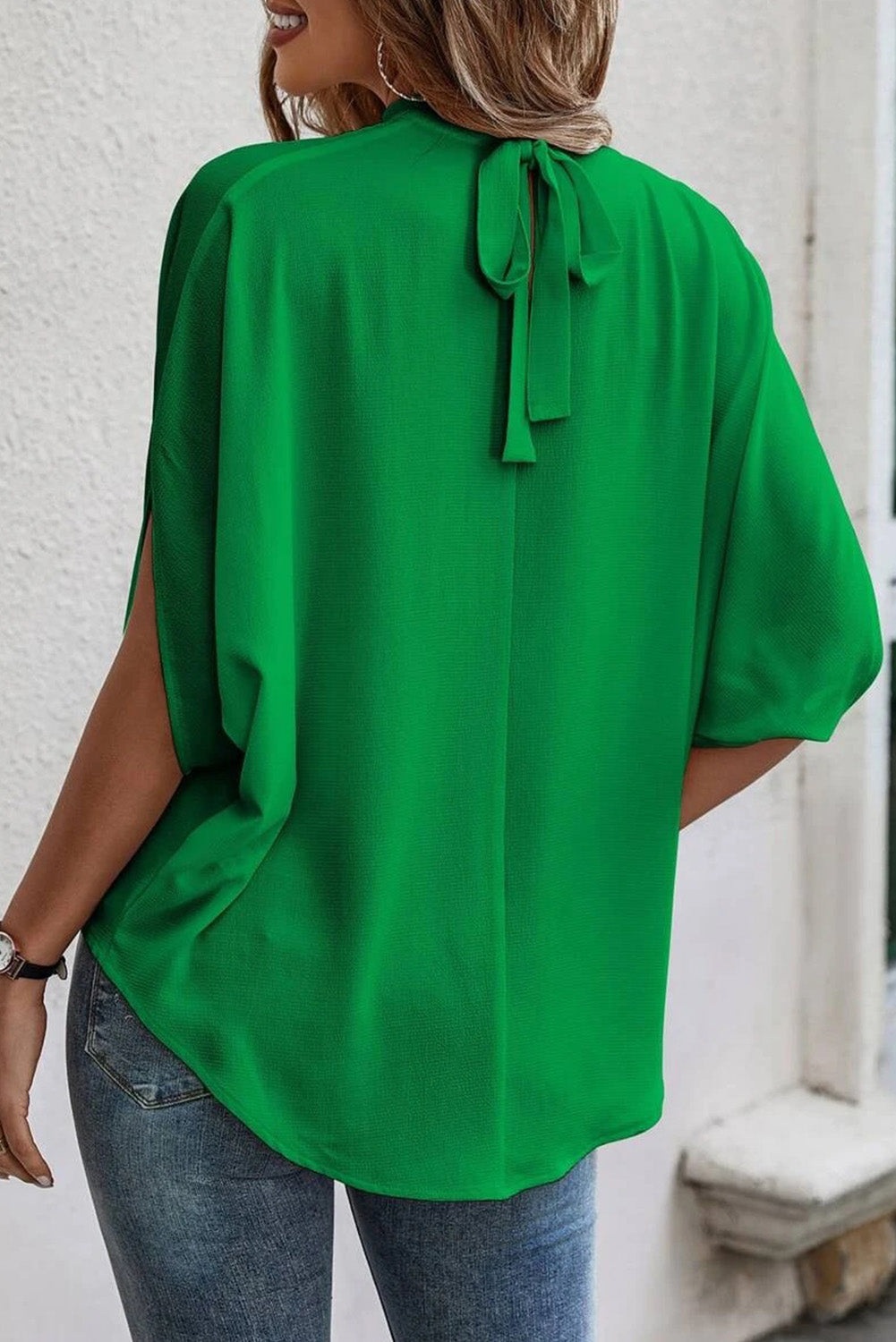 Blusa manica a pipistrello a split mock solido verde brillante