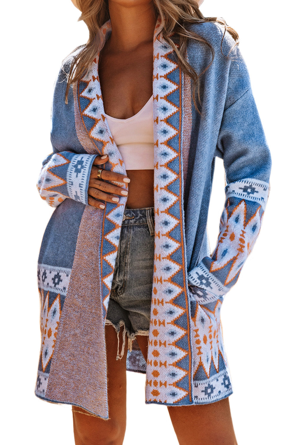 Cardigan blu a maglia frontale aztec aztec