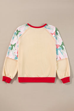 Beige patchwork print top with raglan sleeves and color block edge