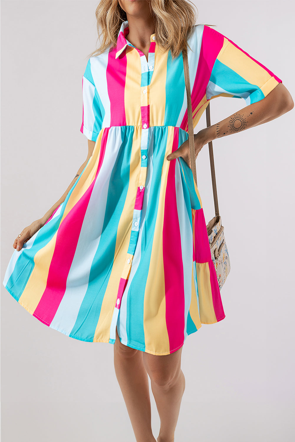 Rose Stripe Colorblock Short Sleeve Mini Shirt Dress