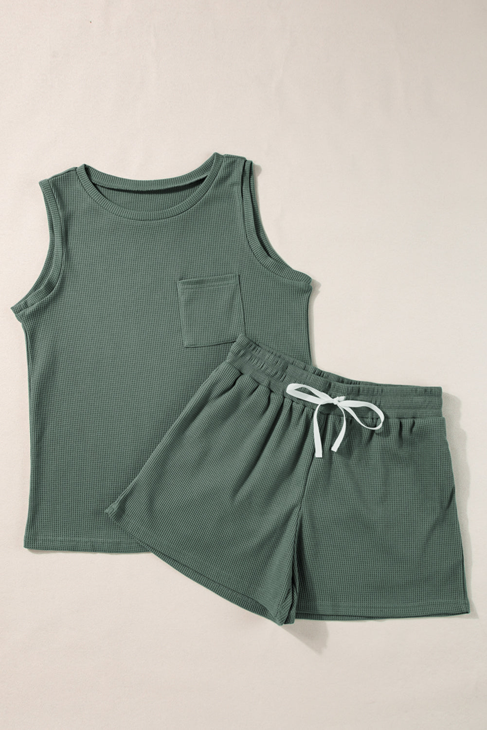 Mist Green Patch Pocket Tank Top and Drawstring Shorts Set