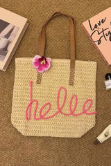 Sac cabas beige bohème HELLO à motif crochet et fleur amovible