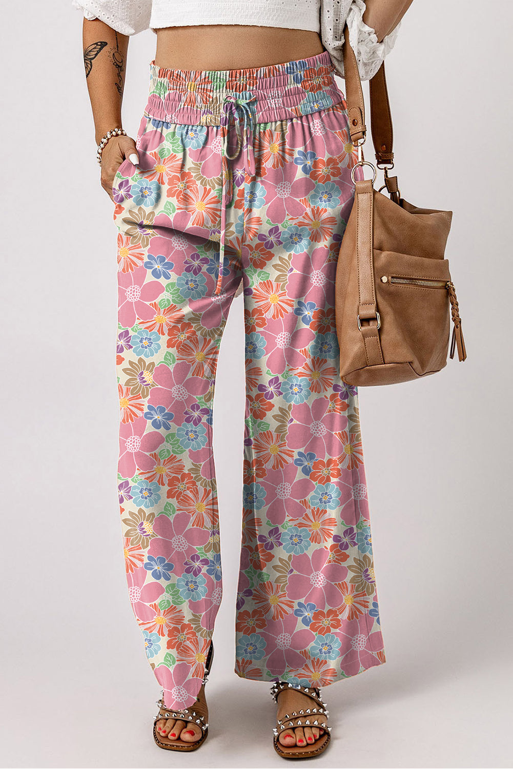 Pantalones sueltos de cintura floral rosa