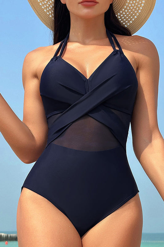 Maillot de bain une pièce bleu marine à col licou et insert en maille croisée sur le devant